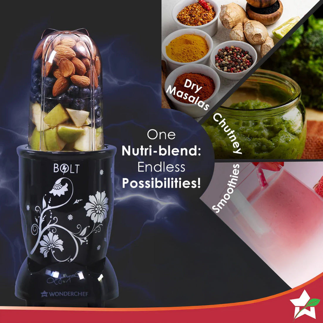 Nutri-blend BOLT Mixer, Grinder, Blender & Smoothie Maker | 600W 22000 RPM 100% Full Copper Motor | Stainless steel Blades | 2 unbreakable jars with Sipper lid | 2 Year warranty | Recipe book by Chef Sanjeev Kapoor | Black