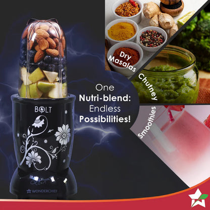 Nutri-blend BOLT Mixer, Grinder, Blender & Smoothie Maker | 600W 22000 RPM 100% Full Copper Motor | Stainless steel Blades | 2 unbreakable jars with Sipper lid | 2 Year warranty | Recipe book by Chef Sanjeev Kapoor | Black