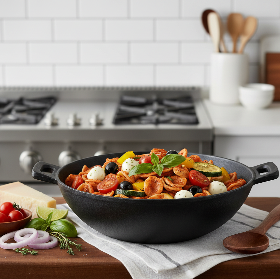 Forza 30cm Cast-iron Kadhai, Pre-Seasoned Cookware, Induction Friendly, 3.35L, 3.8mm