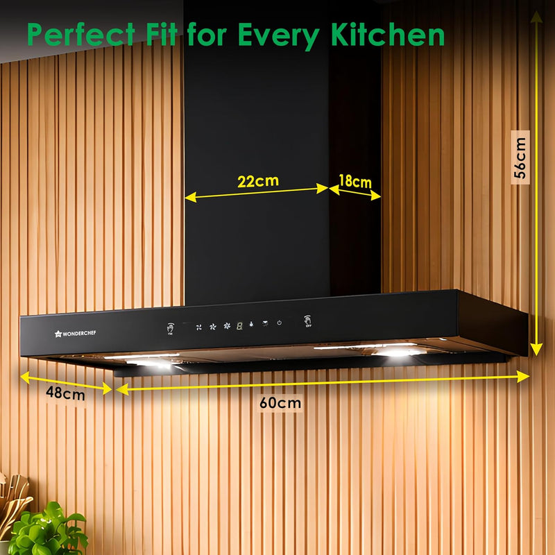 Wonderchef Ruby Sleek Chimney | Powerful Suction of 1400m3/hr | Auto Clean Function | Oil Collector | Low Noise | Black