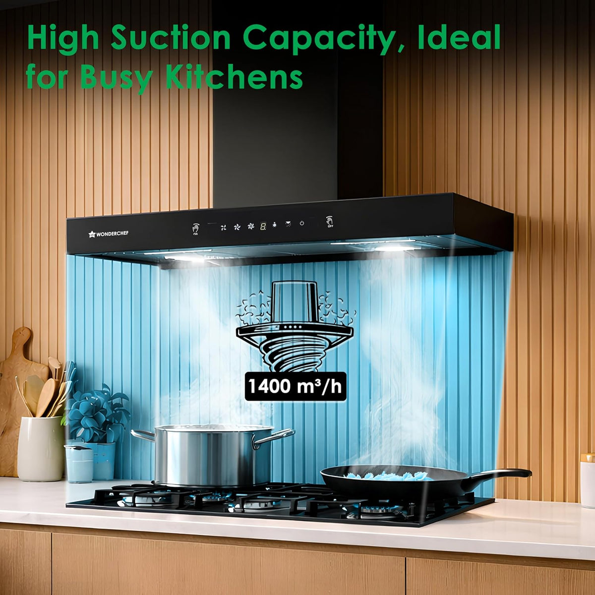 Wonderchef Ruby Sleek Chimney | Powerful Suction of 1400m3/hr | Auto Clean Function | Oil Collector | Low Noise | Black