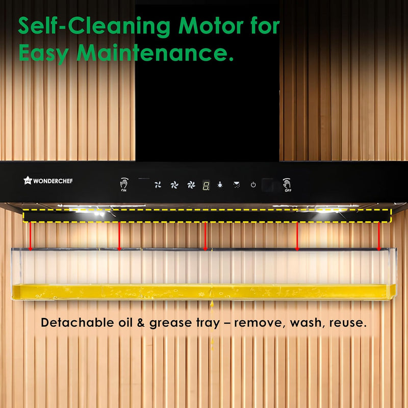 Wonderchef Ruby Sleek Chimney | Powerful Suction of 1400m3/hr | Auto Clean Function | Oil Collector | Low Noise | Black
