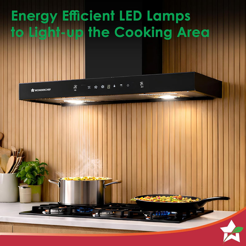 Wonderchef Ruby Sleek Chimney | Powerful Suction of 1400m3/hr | Auto Clean Function | Oil Collector | Low Noise | Black