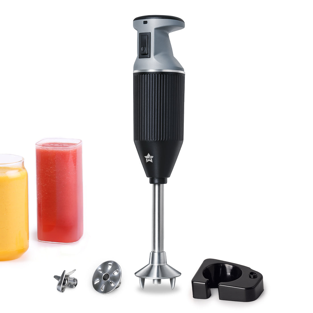 Prima Plus Electric 250W Hand Blender | Portable | Hot & Cold Blending | Food Grade SS Blades | 2 Speed Button | 3 Removable Blades for Blending, Whisking, Chopping | Make Puree, Baby Food, Soup, Smoothie | Wall Mount Holder | 2 Years Warranty | Black