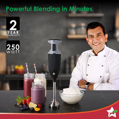 Prima Plus Electric 250W Hand Blender | Portable | Hot & Cold Blending | Food Grade SS Blades | 2 Speed Button | 3 Removable Blades for Blending, Whisking, Chopping | Make Puree, Baby Food, Soup, Smoothie | Wall Mount Holder | 2 Years Warranty | Black