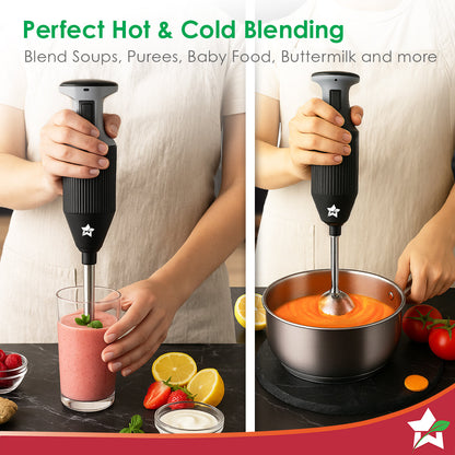 Prima Plus Electric 250W Hand Blender | Portable | Hot & Cold Blending | Food Grade SS Blades | 2 Speed Button | 3 Removable Blades for Blending, Whisking, Chopping | Make Puree, Baby Food, Soup, Smoothie | Wall Mount Holder | 2 Years Warranty | Black