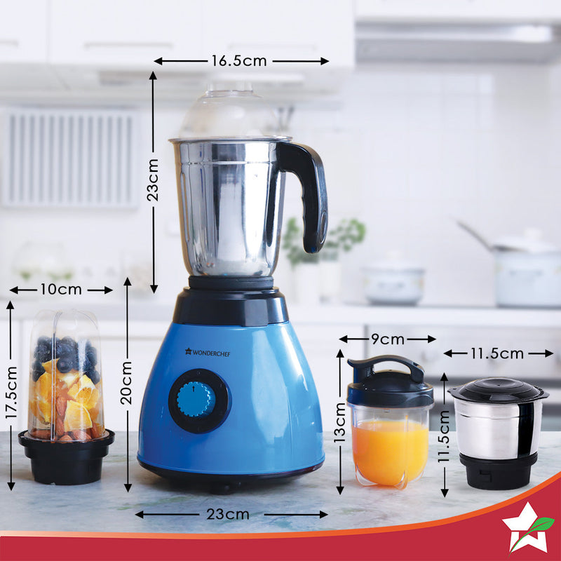 Wonderchef Acura Blender Pro Mixer Grinder 500W, 230V~50Hz, 4 Jars( 2 Stainless Steel + 2 Polycarbonate Jars), Black & B