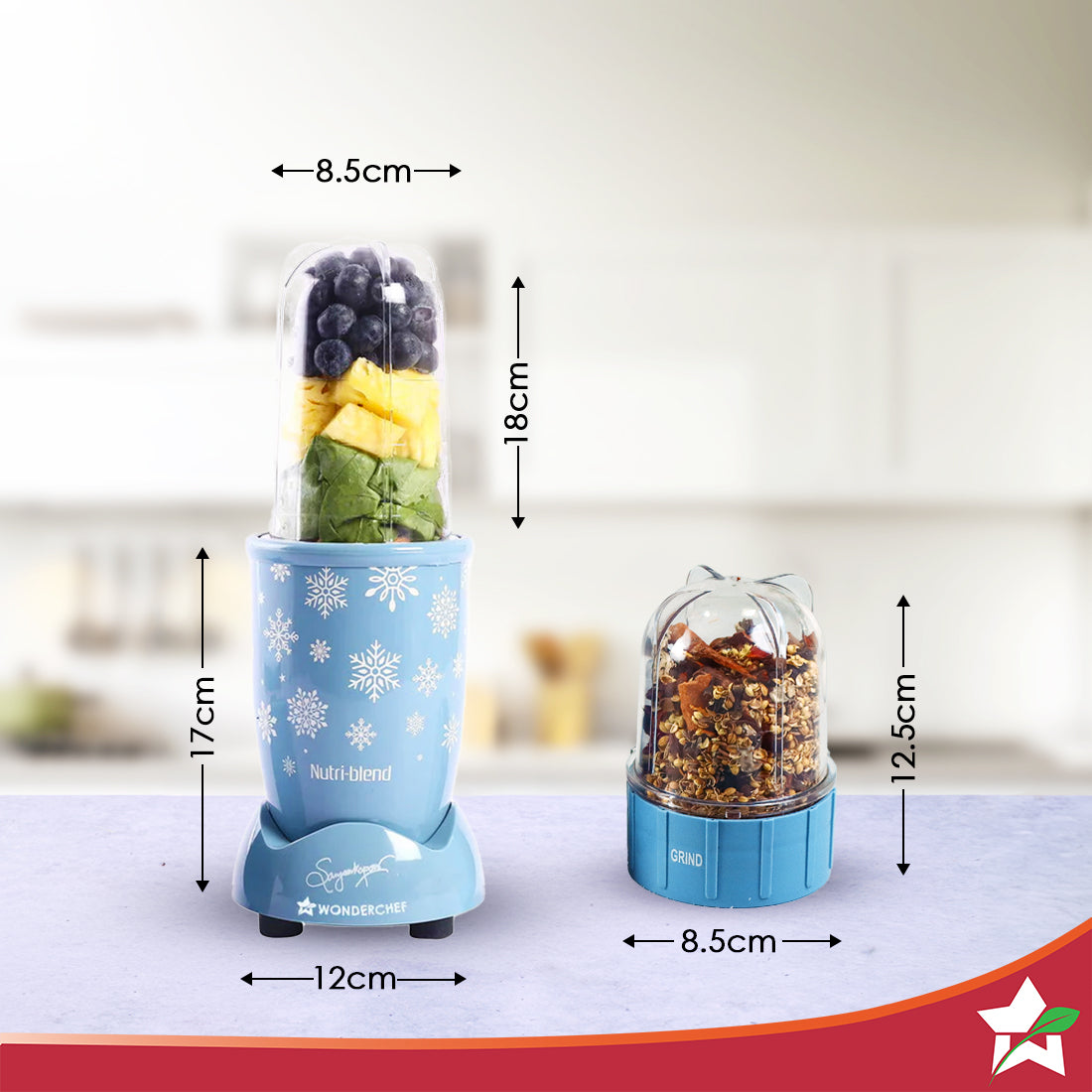 Wonderchef Nutri-blend 500W Mixer Grinder, 22000 RPM Motor, Smoothie Maker, Masala Grinder, Chutney Blender, 3 Unbreakable Jars, Recipe Book by Chef Sanjeev Kapoor, 2 Yr Warranty, Blue