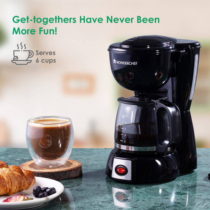 Wonderchef Onyx Brew Coffee Maker | Drip Coffee | 6 Cups Coffee | 750 ml Borosilicate Glass Carafe with Hot Plate | Anti
