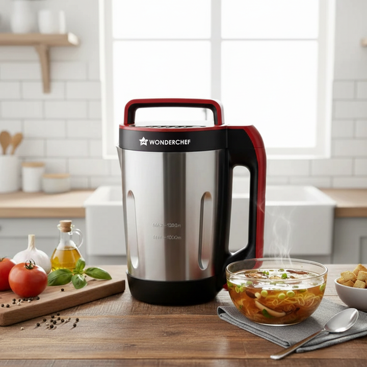 NEO Automatic Soup Maker | 1.6 Litre | 900W Heater | Stainless Steel Blades | Stainless Steel Jug | 5 Pre-Set Functions | Red | Black | Steel | One Touch Operation | Touch Control Panel | 30 Minute Cook Time | 2 Years Warranty