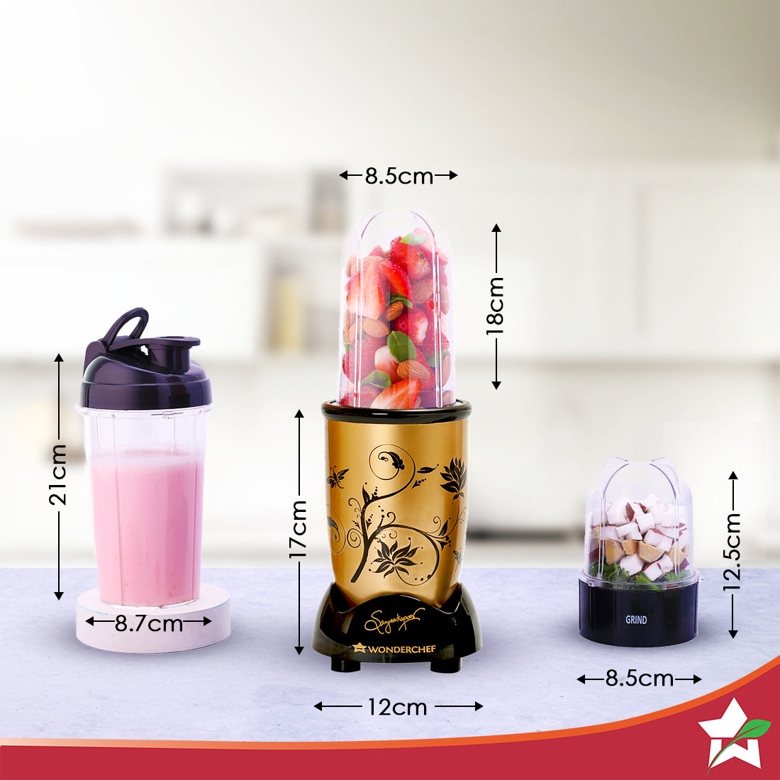 Nutri-blend 500W Mixer Grinder, 22000 RPM Motor, Smoothie Maker, Masala Grinder, Chutney Blender, 3 Unbreakable Jars & Sipper Jar, Recipe Book by Chef Sanjeev Kapoor, 2 Yr Warranty, Champagne