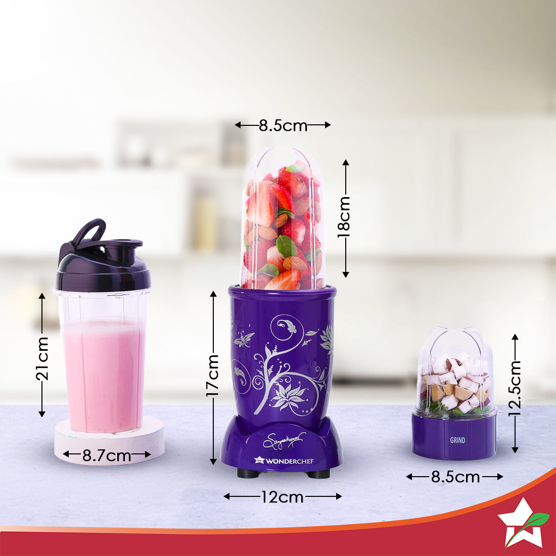 Nutri-blend 500W Mixer Grinder, 22000 RPM Motor, Smoothie Maker, Masala Grinder, Chutney Blender, 3 Unbreakable Jars & Sipper Jar, Recipe Book by Chef Sanjeev Kapoor, 2 Yr Warranty, Purple