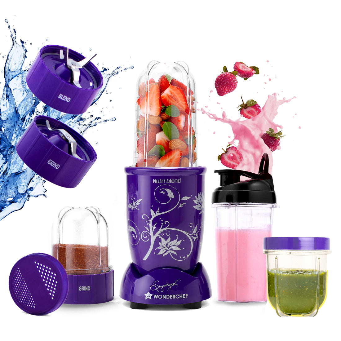 Nutri-blend 500W Mixer Grinder, 22000 RPM Motor, Smoothie Maker, Masala Grinder, Chutney Blender, 3 Unbreakable Jars & Sipper Jar, Recipe Book by Chef Sanjeev Kapoor, 2 Yr Warranty, Purple