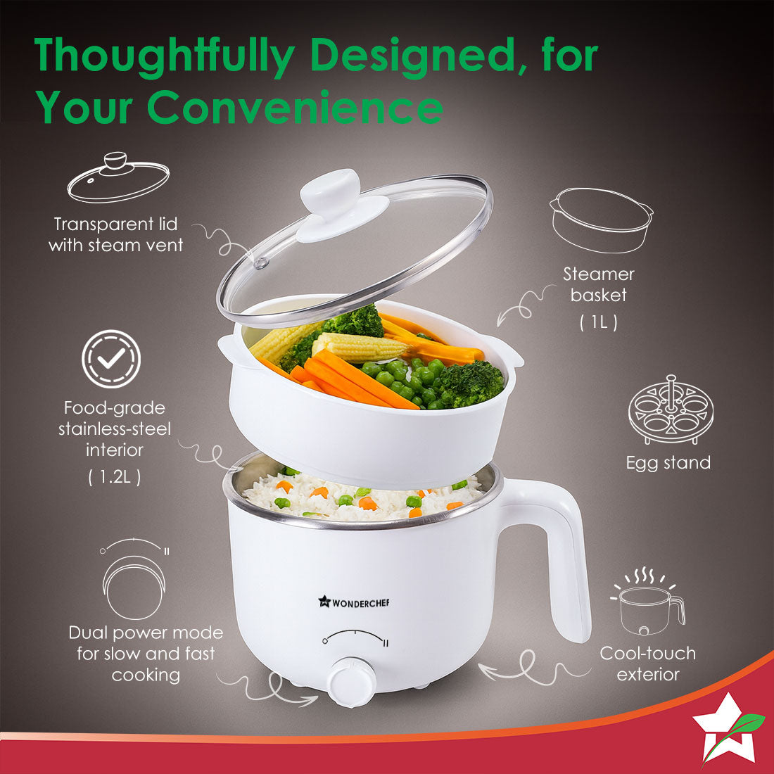 Wonderchef Luxe Multi Cook Kettle | Dual Power Modes | Quick Boiling | Automatic Shut-Off | Overheat Protection | Boil-D