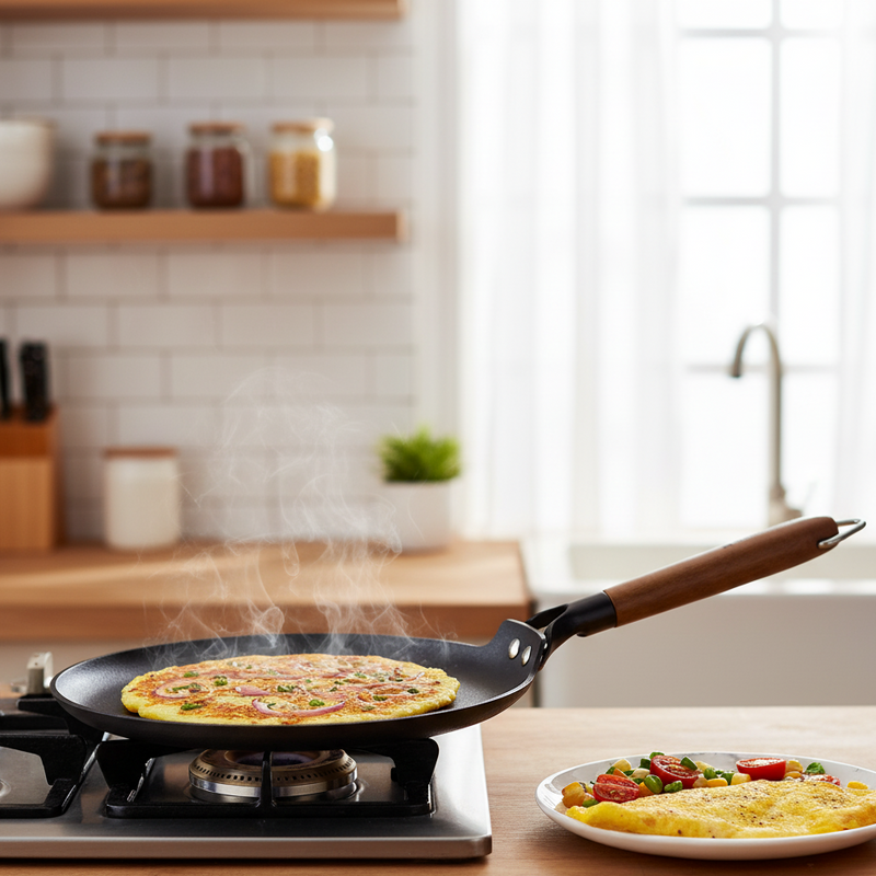 Pre-Seasoned Ferro Light 28cm Dosa Tawa | 4MM | Acacia Wooden Handles | Gravity Moulding Technology | No Chemical Coating |10 Year Warranty