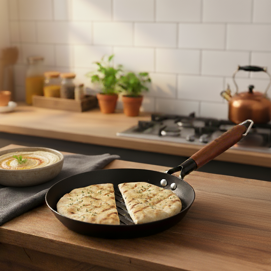 Pre-Seasoned Ferro Light 24cm Grill Pan| 2.5MM | Acacia Wooden Handles | Gravity Moulding Technology | No Chemical Coating |10 Year Warranty