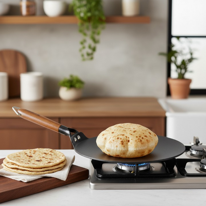 Ferro Light-weight Cast-iron Roti Tawa | 26cm | Pre-seasoned with 100% Vegetable Oil | 40% Lighter than Regular Cast-iron Cookware | Cool-touch Real Acacia Wood Handles | 10-Year Warranty