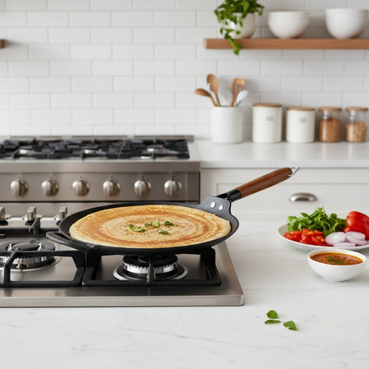 Ferro Light-weight Cast-iron Dosa Tawa | 30cm | Pre-seasoned with 100% Vegetable Oil | 40% Lighter than Regular Cast-iron Cookware | Cool-touch Real Acacia Wood Handles | 10-Year Warranty