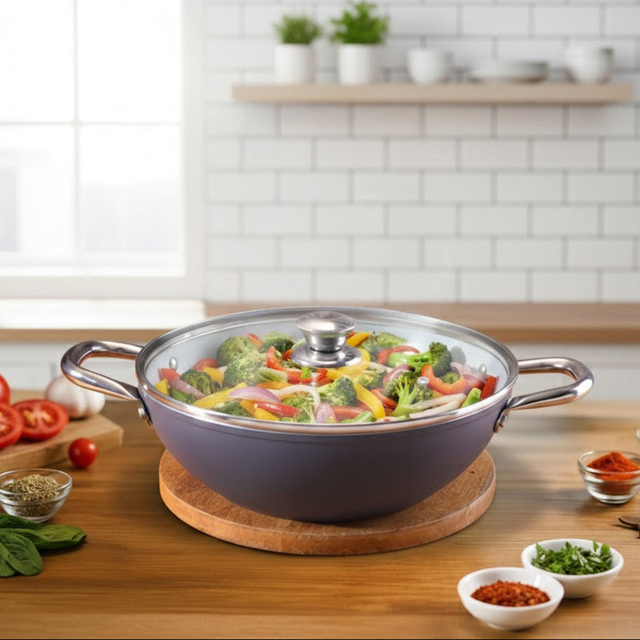 Eco-Glide Kadhai with Glass Lid | | Chemical-free Ceramic Coating | 24cm, 2.5L | Healthy, Low Oil Meals | Scratch-resistant | Stainless-steel Handle | Gas & Induction Compatible | Grey