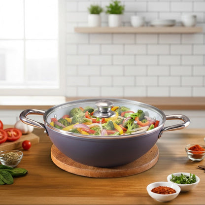 Eco-Glide Kadhai with Glass Lid | | Chemical-free Ceramic Coating | 24cm, 2.5L | Healthy, Low Oil Meals | Scratch-resistant | Stainless-steel Handle | Gas & Induction Compatible | Grey