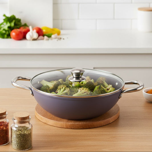 Eco-Glide Kadhai with Glass Lid | | Chemical-free Ceramic Coating | 28cm, 4.3L | Healthy, Low Oil Meals | Scratch-resistant | Stainless-steel Handle | Gas & Induction Compatible | Grey