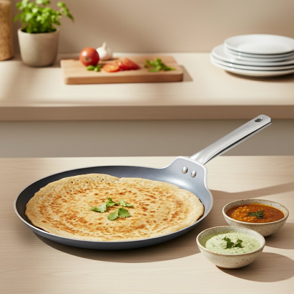 Eco-Glide Dosa Tawa | Chemical-free Ceramic Coating | 28cm | Healthy, Low Oil Meals | Scratch-resistant | Stainless-steel Handle | Gas & Induction Compatible | Grey | Easy to Clean
