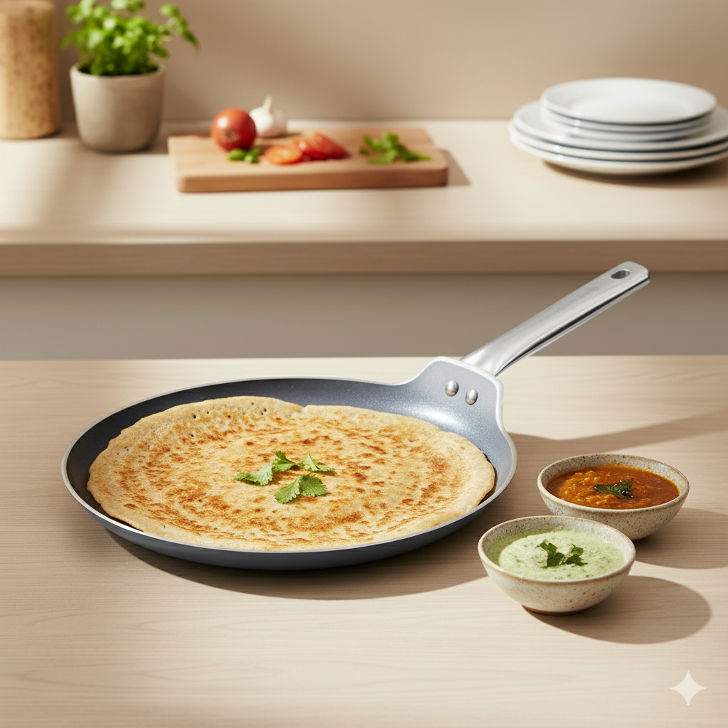 Eco-Glide Dosa Tawa | Chemical-free Ceramic Coating | 28cm | Healthy, Low Oil Meals | Scratch-resistant | Stainless-steel Handle | Gas & Induction Compatible | Grey | Easy to Clean