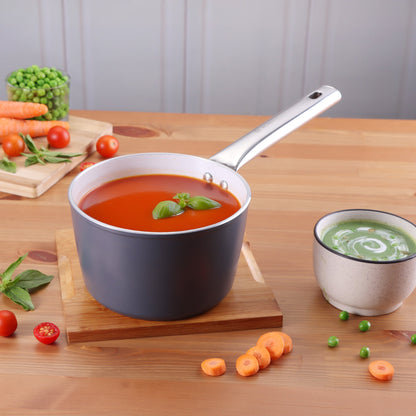 Eco-Glide Saucepan | Chemical-free Ceramic Coating | 16cm, 1.75L | Healthy, Low Oil Meals | Scratch-resistant | Stainless-steel Handle | Gas & Induction Compatible | Grey | Easy to Clean