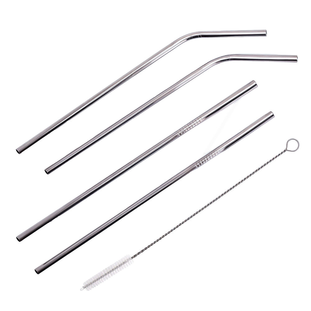 Wonderchef Ambrosia Straw Set (4 Pcs.) and Cleaning Brush | Food-grade Stainless-steel | Long, Reusable, Sustainable Met