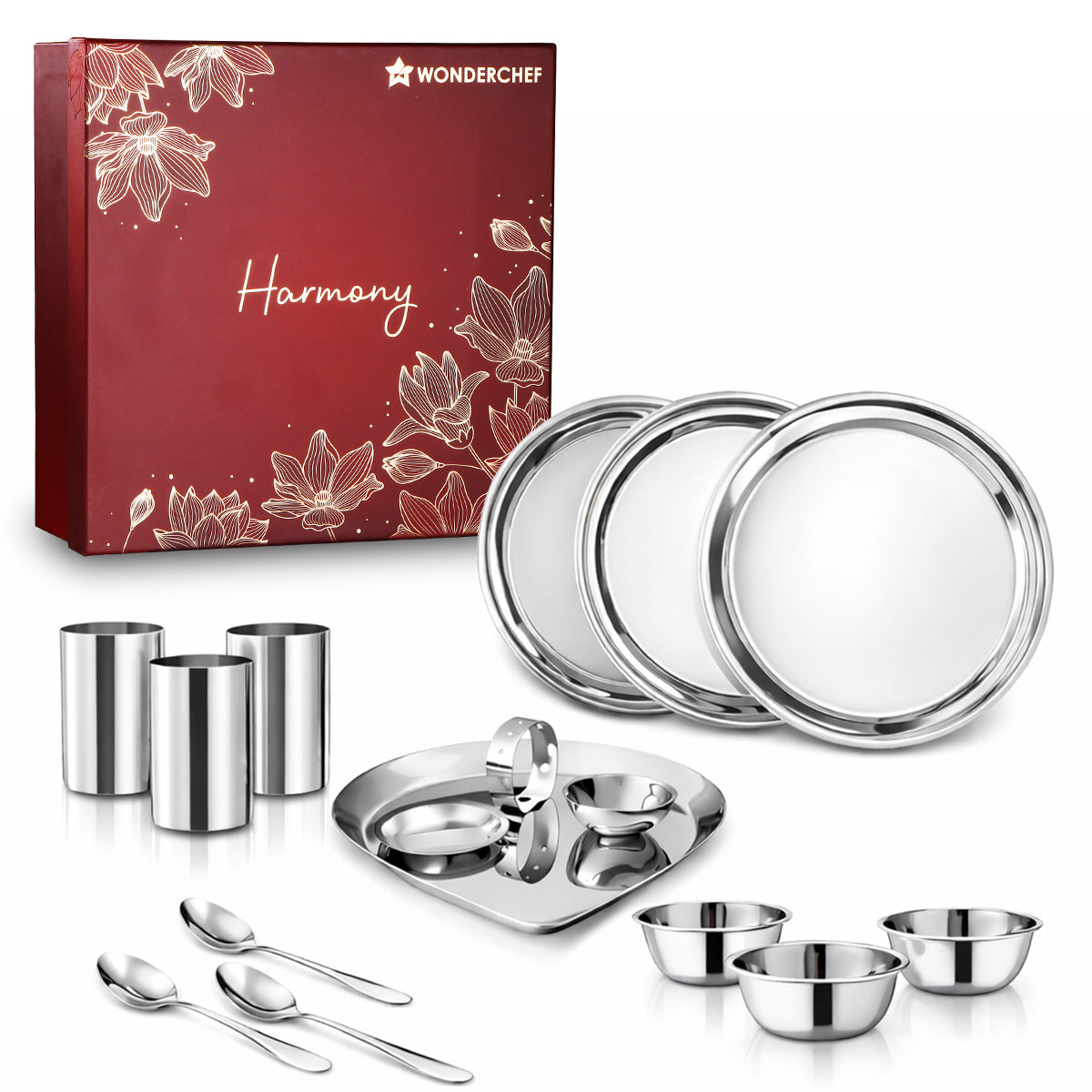 Wonderchef Harmony Premium Stainless-Steel Dinner & Pooja Gift Set | Plates, Bowls, Glasses, Spoons, Pooja Thali, Diya &