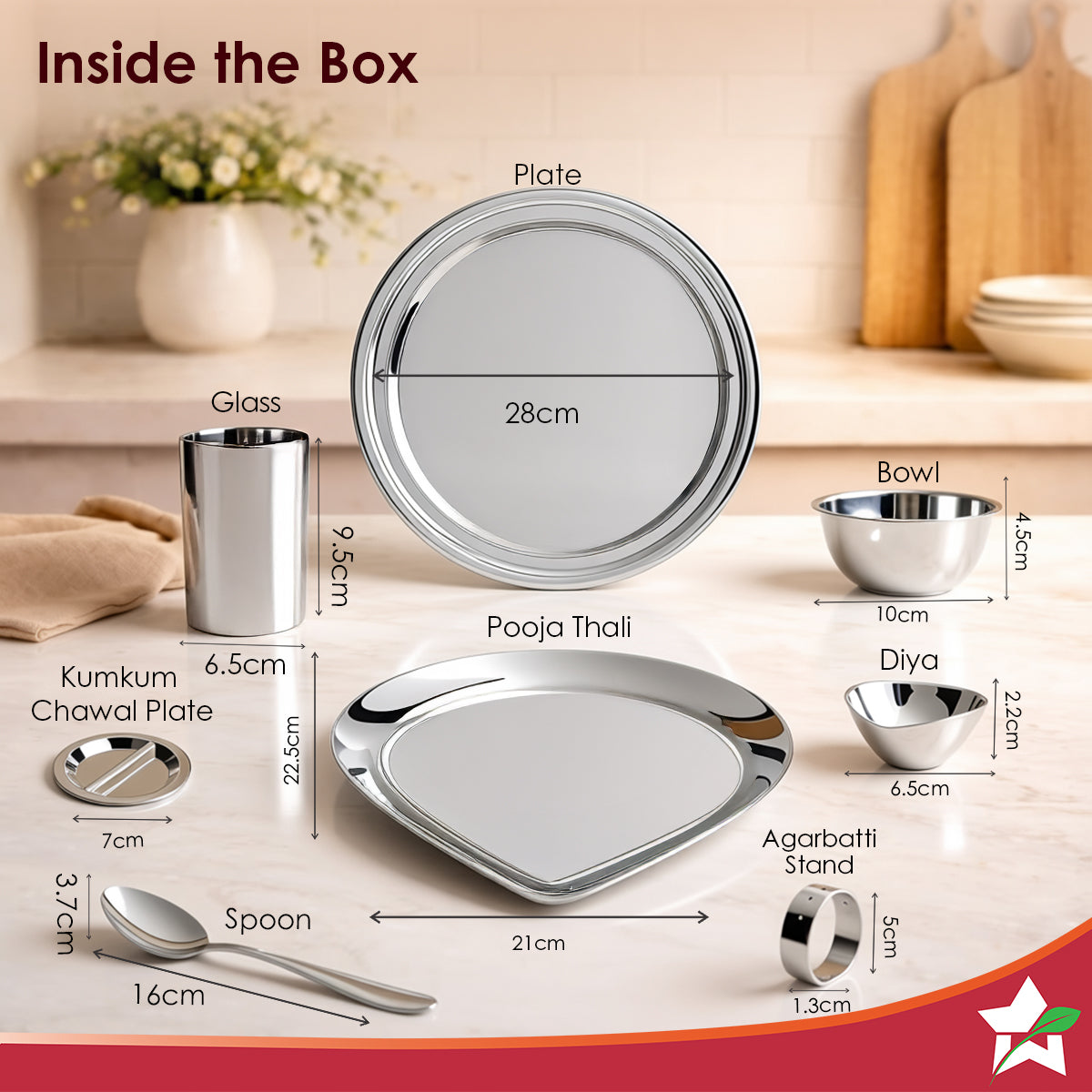 Wonderchef Harmony Premium Stainless-Steel Dinner & Pooja Gift Set | Plates, Bowls, Glasses, Spoons, Pooja Thali, Diya &