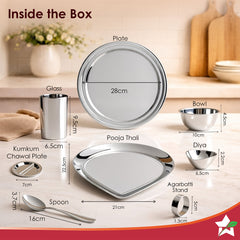 Wonderchef Harmony Premium Stainless-Steel Dinner & Pooja Gift Set | Plates, Bowls, Glasses, Spoons, Pooja Thali, Diya &