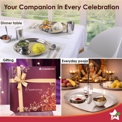 Wonderchef Harmony Premium Stainless-Steel Dinner & Pooja Gift Set | Plates, Bowls, Glasses, Spoons, Pooja Thali, Diya &