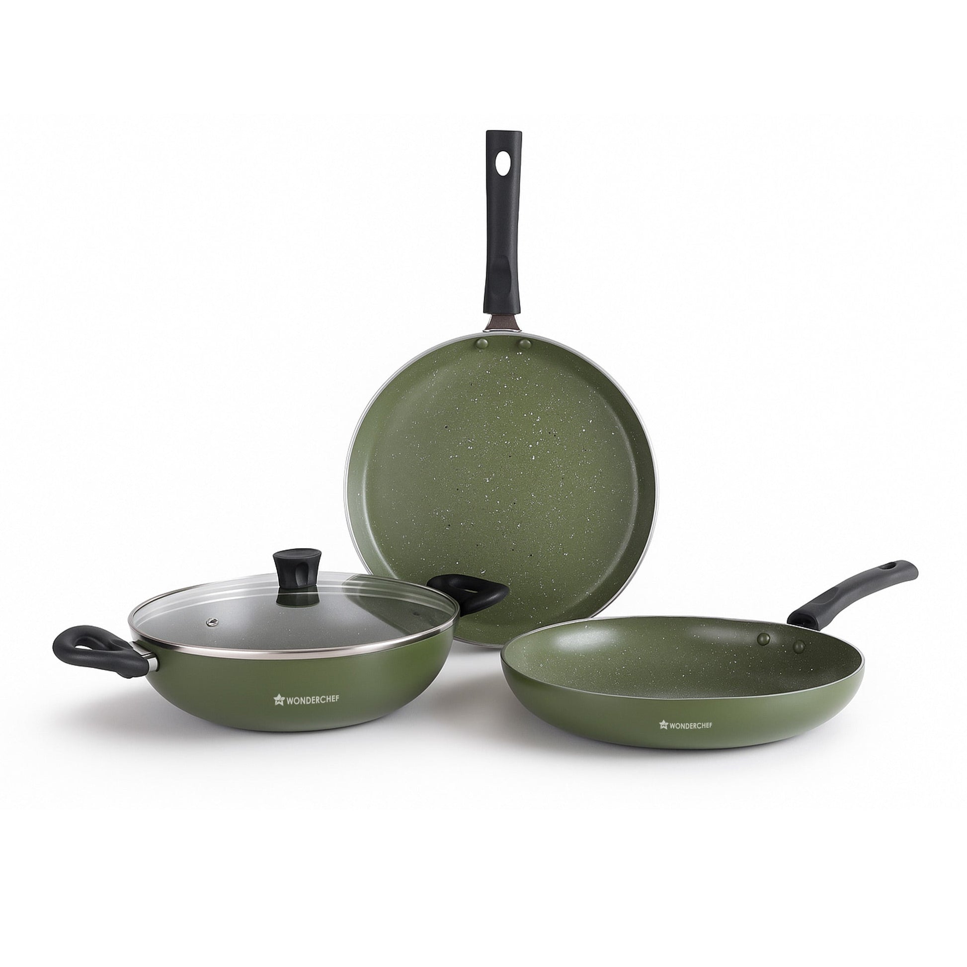 Valencia Non-Stick Cookware 4 Pc. Set | Kadhai with Lid 24 cm, Fry Pan 24 cm, Dosa Tawa 28 cm | Pure Grade Aluminium | PFOA Free | 2-Yr Warranty | Olive Green