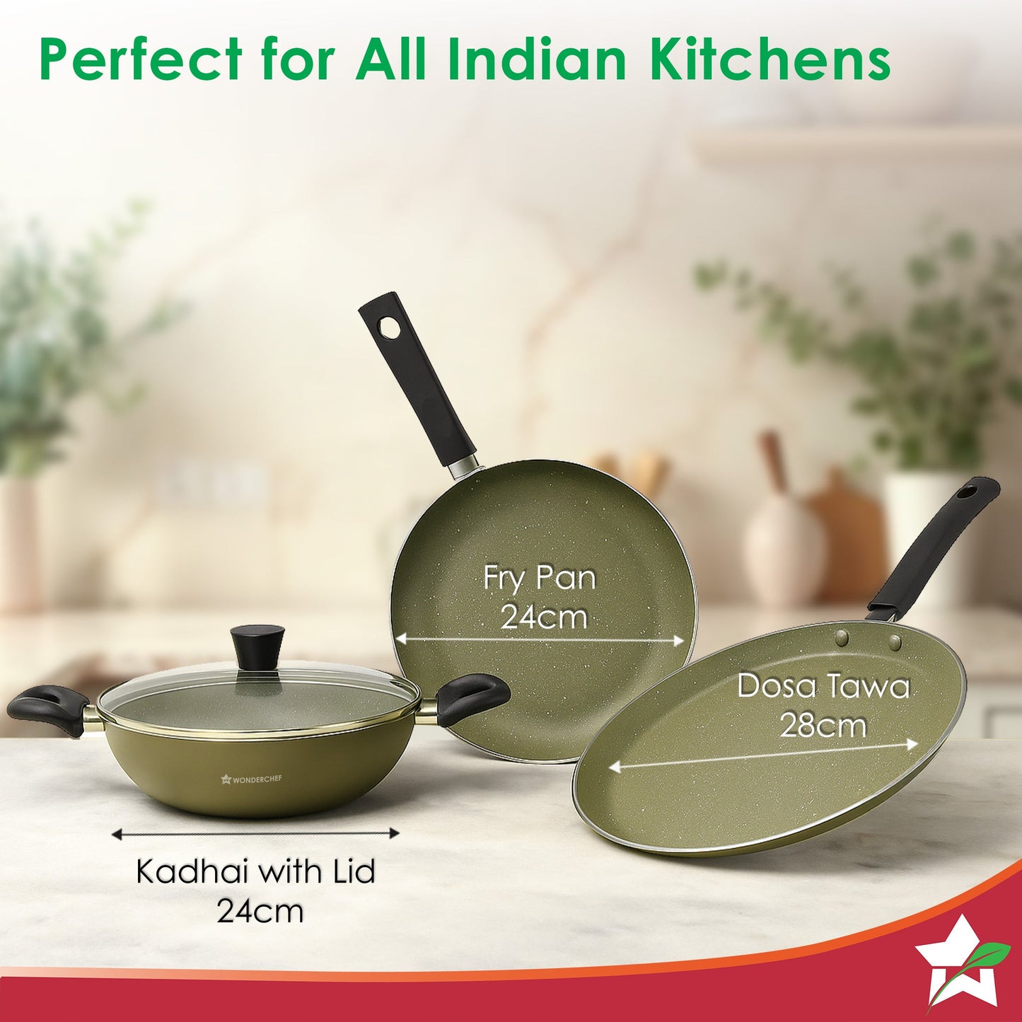 Valencia Non-Stick Cookware 4 Pc. Set | Kadhai with Lid 24 cm, Fry Pan 24 cm, Dosa Tawa 28 cm | Pure Grade Aluminium | PFOA Free | 2-Yr Warranty | Olive Green