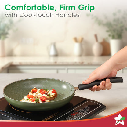 Valencia Non-Stick Cookware 4 Pc. Set | Kadhai with Lid 24 cm, Fry Pan 24 cm, Dosa Tawa 28 cm | Pure Grade Aluminium | PFOA Free | 2-Yr Warranty | Olive Green