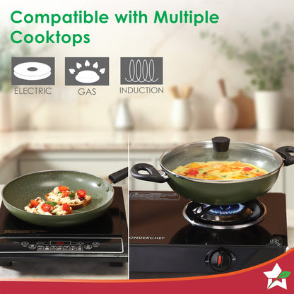 Valencia Non-Stick Cookware 4 Pc. Set | Kadhai with Lid 24 cm, Fry Pan 24 cm, Dosa Tawa 28 cm | Pure Grade Aluminium | PFOA Free | 2-Yr Warranty | Olive Green