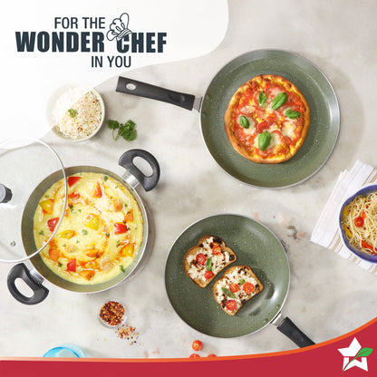 Valencia Non-Stick Cookware 4 Pc. Set | Kadhai with Lid 24 cm, Fry Pan 24 cm, Dosa Tawa 28 cm | Pure Grade Aluminium | PFOA Free | 2-Yr Warranty | Olive Green