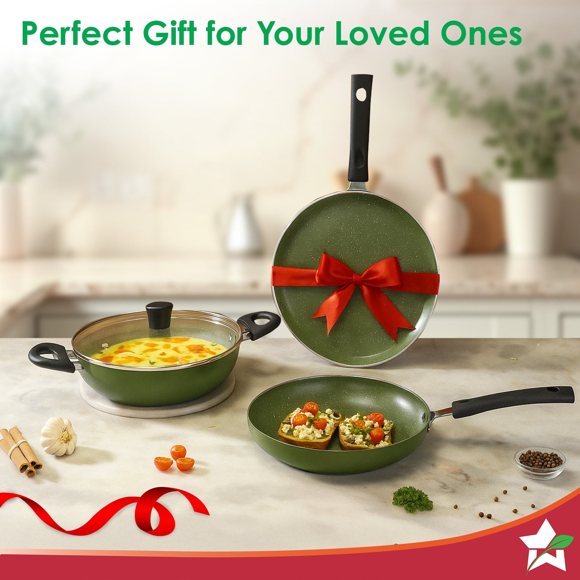 Valencia Non-Stick Cookware 4 Pc. Set | Kadhai with Lid 24 cm, Fry Pan 24 cm, Dosa Tawa 28 cm | Pure Grade Aluminium | PFOA Free | 2-Yr Warranty | Olive Green