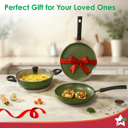 Valencia Non-Stick Cookware 4 Pc. Set | Kadhai with Lid 24 cm, Fry Pan 24 cm, Dosa Tawa 28 cm | Pure Grade Aluminium | PFOA Free | 2-Yr Warranty | Olive Green