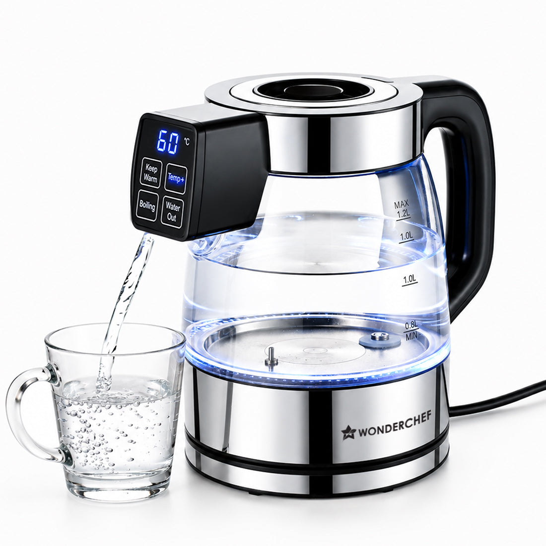 Wonderchef Crystal Tap & Flow Glass Kettle & Hot Water Dispenser, 1.7 L Borosilicate Glass Jar, Built-in Battery, Temper