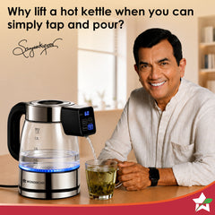 Wonderchef Crystal Tap & Flow Glass Kettle & Hot Water Dispenser, 1.7 L Borosilicate Glass Jar, Built-in Battery, Temper