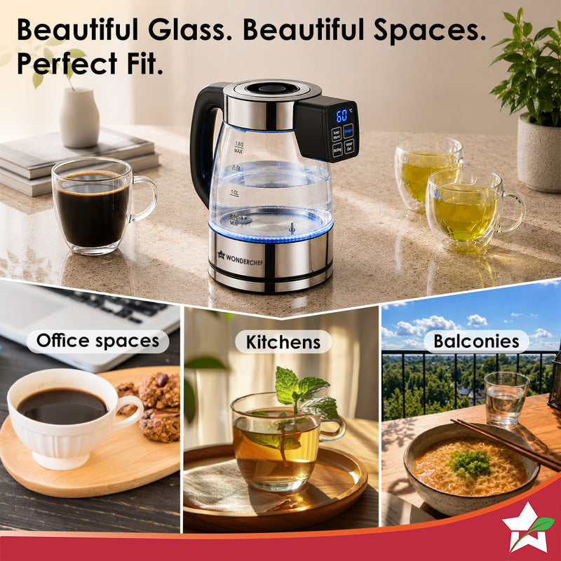 Wonderchef Crystal Tap & Flow Glass Kettle & Hot Water Dispenser, 1.7 L Borosilicate Glass Jar, Built-in Battery, Temper