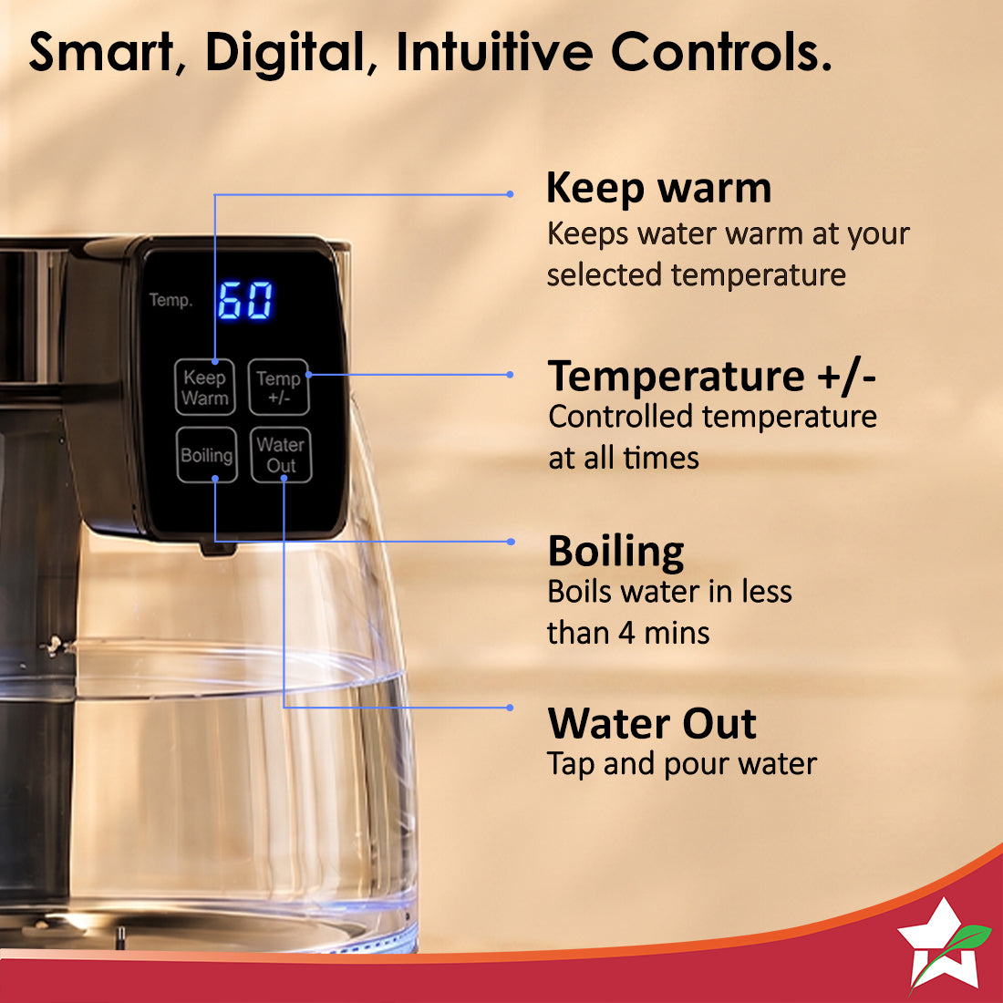 Wonderchef Crystal Tap & Flow Glass Kettle & Hot Water Dispenser, 1.7 L Borosilicate Glass Jar, Built-in Battery, Temper