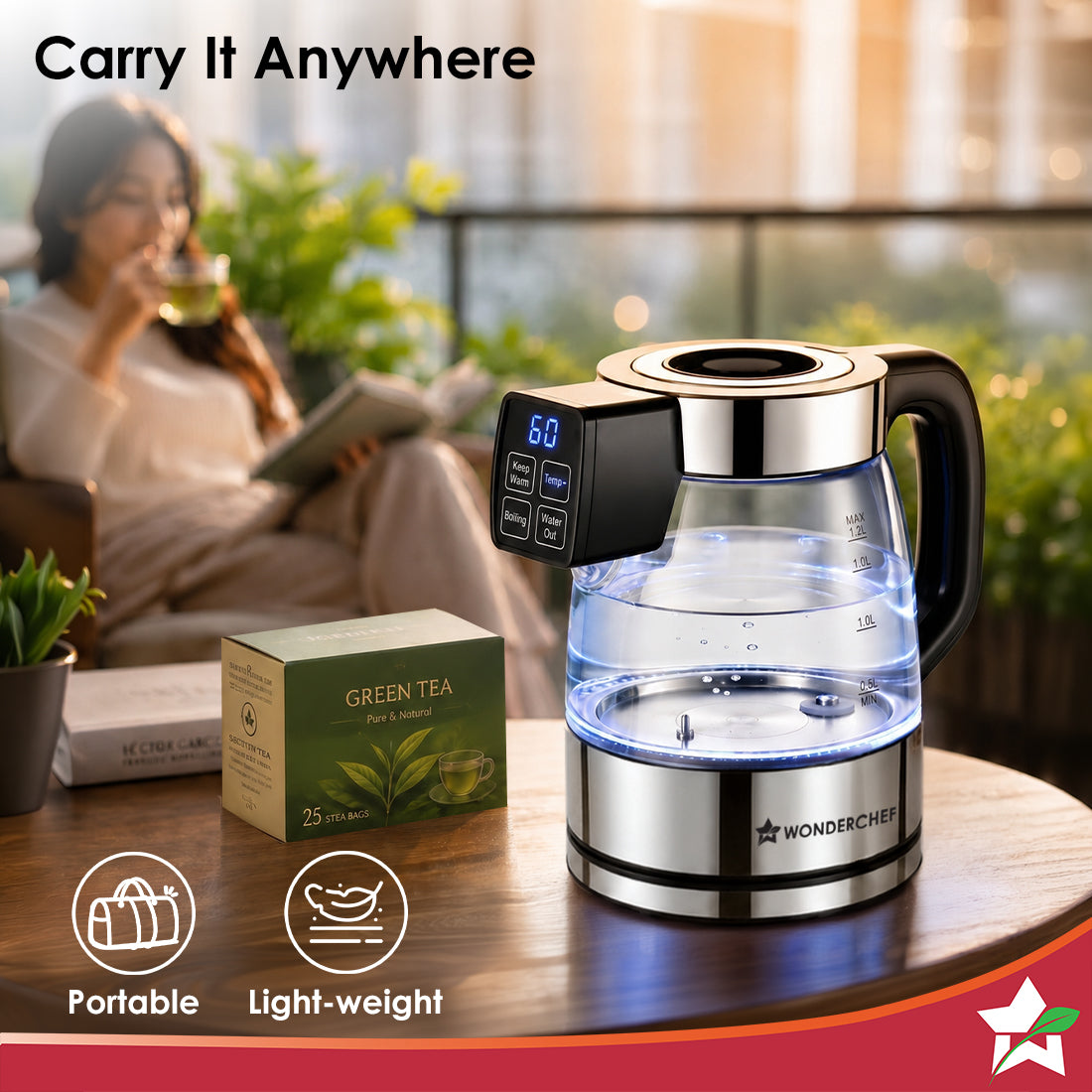Wonderchef Crystal Tap & Flow Glass Kettle & Hot Water Dispenser, 1.7 L Borosilicate Glass Jar, Built-in Battery, Temper