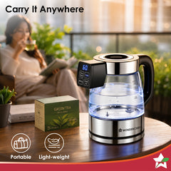 Wonderchef Crystal Tap & Flow Glass Kettle & Hot Water Dispenser, 1.7 L Borosilicate Glass Jar, Built-in Battery, Temper