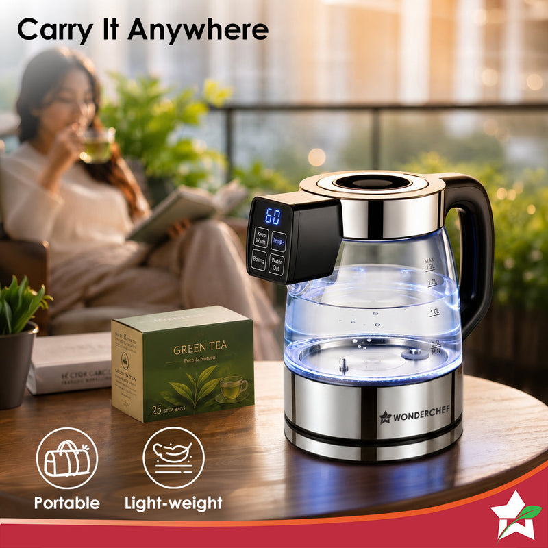 Wonderchef Crystal Tap & Flow Glass Kettle & Hot Water Dispenser, 1.7 L Borosilicate Glass Jar, Built-in Battery, Temper