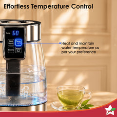 Wonderchef Crystal Tap & Flow Glass Kettle & Hot Water Dispenser, 1.7 L Borosilicate Glass Jar, Built-in Battery, Temper