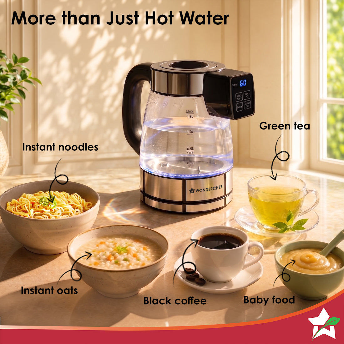 Wonderchef Crystal Tap & Flow Glass Kettle & Hot Water Dispenser, 1.7 L Borosilicate Glass Jar, Built-in Battery, Temper
