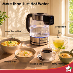 Wonderchef Crystal Tap & Flow Glass Kettle & Hot Water Dispenser, 1.7 L Borosilicate Glass Jar, Built-in Battery, Temper